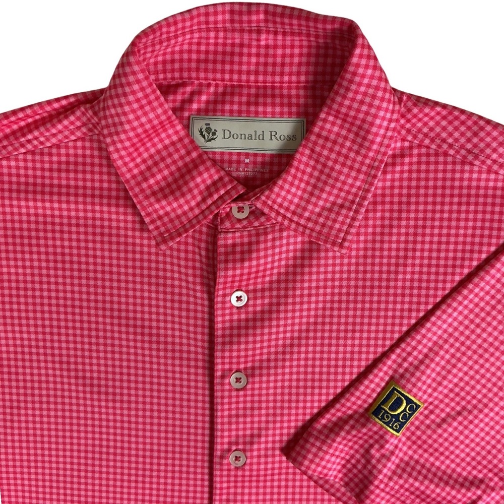 Donald Ross Polo Shirt Mens Medium Pink Gingham Check Short Sleeve DCC 1916 Golf